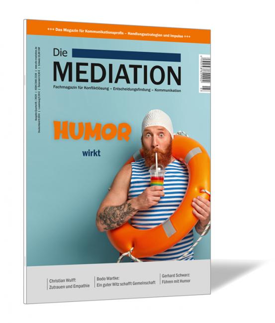Buchcover der Zeitschrift 'Die Mediation (Ausgabe 2020/03)' von Gernot Barth, mit einem Mann im Badeoutfit, Trinkflasche und Schwimmreifen auf hellblauem Hintergrund.