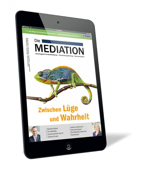 Buchcover der Zeitschrift 'Die Mediation (Ausgabe 2019/03) (E-Paper)' von Gernot Barth und Bernhard Böhm, mit einem Chamäleon auf einem Ast vor weißem Hintergrund.
