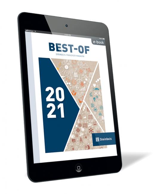 Buchcover von 'Best-of Steinbeis Transfer-Magazin 2021 (E-Book)' von Steinbeis GmbH & Co. KG, mit großem Schriftzug "2021" und grafischem Muster in einem X-förmigen Design auf einem Tabletbildschirm.