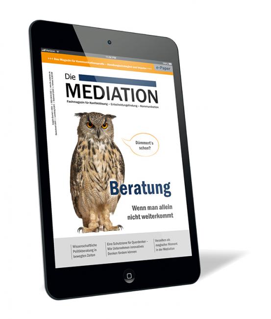 Buchcover der Zeitschrift 'Die Mediation (Ausgabe 2021/01) (E-Paper)' von Gernot Barth, mit einer Eule, die in einer Sprechblase fragt „Dämmert’s schon?“ auf weißem Hintergrund.