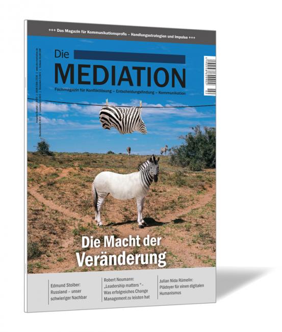Buchcover der Zeitschrift 'Die Mediation (Ausgabe 2020/02)' von Gernot Barth, mit einer surrealen Illustration zweier Zebras – eines steht mit weißem Körper und Zebrakopf auf einer Wiese, das andere fliegt kopfüber über die Landschaft.
