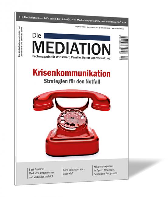Buchcover der Zeitschrift 'Die Mediation (Ausgabe 2016/01)' von Gernot Barth und Bernhard Böhm, mit einem Bild eines roten Telefonhörers.