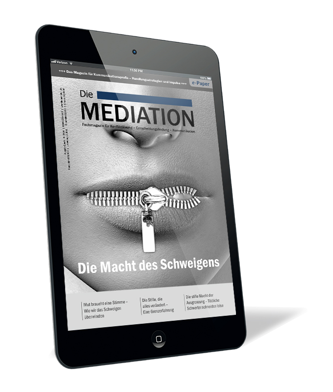 Buchcover der Zeitschrift 'Die Mediation (Ausgabe 2024/04) (E-Paper)' von Gernot Barth (Hrsg.), mit einem stilisierten Gesicht, dessen Mund durch einen Reißverschluss verschlossen ist.