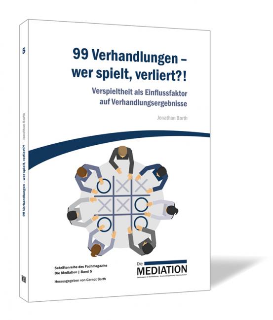 Buchcover von '99 Verhandlungen – wer spielt, verliert?!' von Jonathan Barth, mit einer stilisierten Grafik von sechs Personen um ein Tic-Tac-Toe-Spielfeld auf weißem Hintergrund.