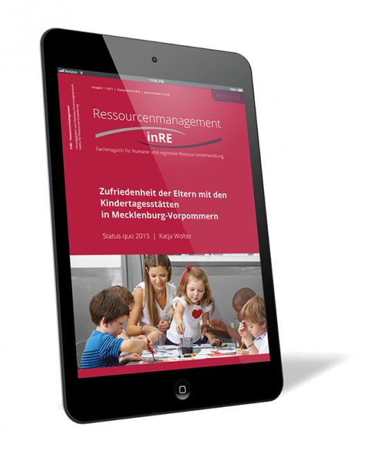 Buchcover von 'Zufriedenheit der Eltern mit den Kindertagesstätten in Mecklenburg-Vorpommern' von Katja Wolter, mit einem Bild eines Tablets, auf dem eine Studie zur Elternzufriedenheit in einer Kindertagesstätte und einer Gruppe von Kindern, die spielen.