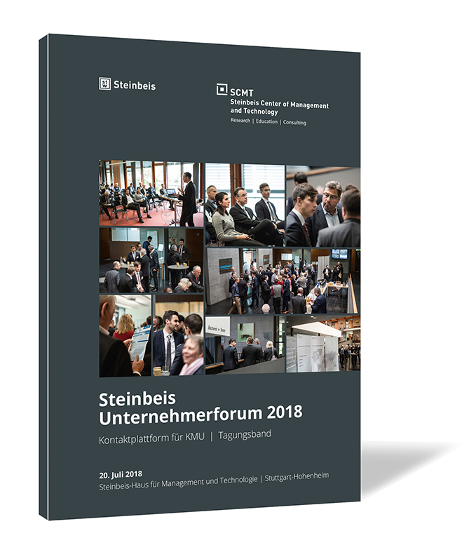 Buchcover von 'Steinbeis Unternehmerforum 2018' von der Steinbeis-Stiftung, mit einer Collage aus Fotos des Events, auf dunkelgrauem Hintergrund.